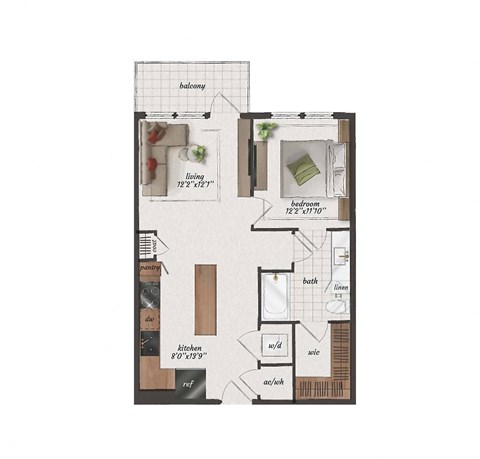 Floor plan for 1 bed, 1 bath, 690 sqft